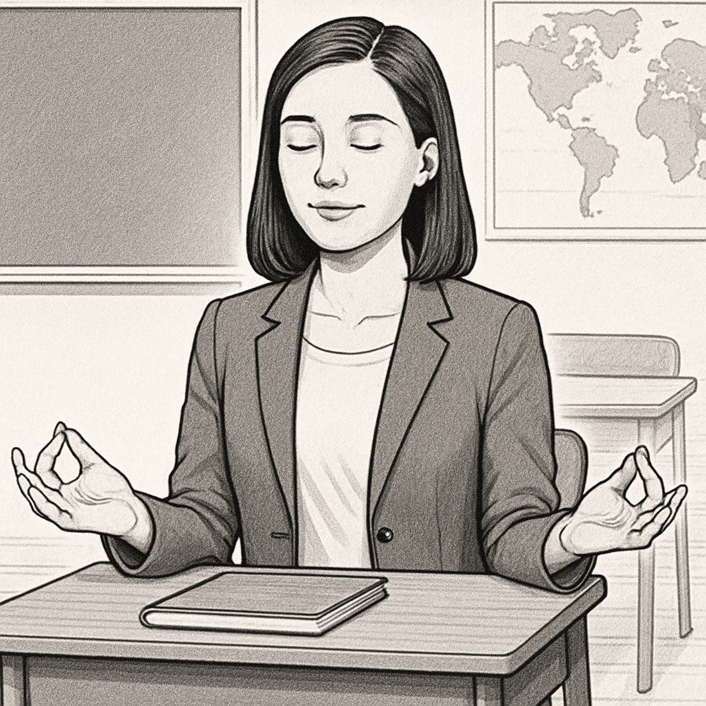 A teacher candidate practicing mindfulness techniques to manage exam anxiety.