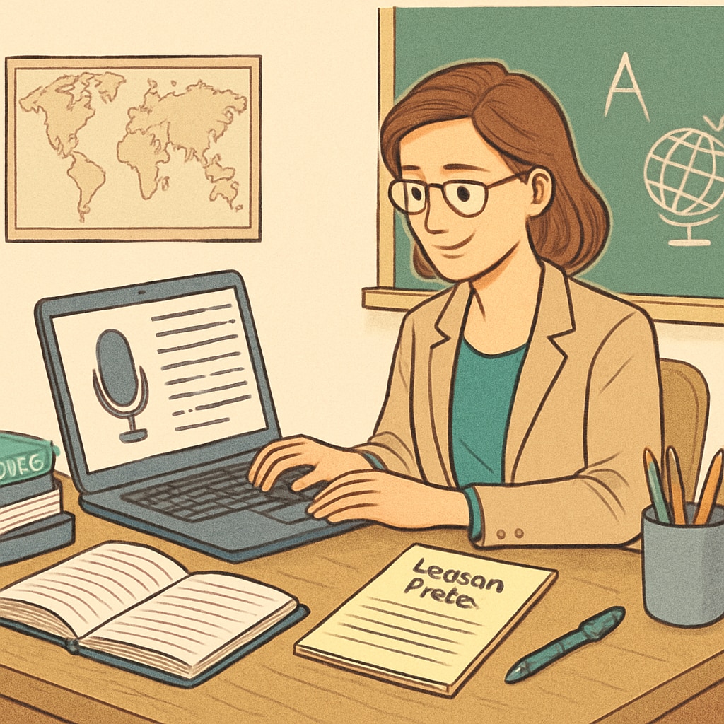 A teacher using speech-to-text software on a laptop to draft lesson plans, symbolizing increased efficiency in administrative tasks. Teacher using speech-to-text software to draft lesson plans, improving teaching efficiency.