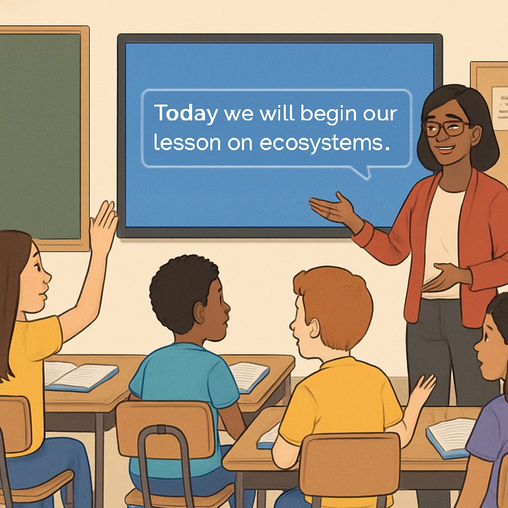 A classroom where a teacher uses live captions generated by speech-to-text software, promoting inclusivity and engagement among diverse students. Inclusive classroom with live captions from speech-to-text software, enhancing student interaction.