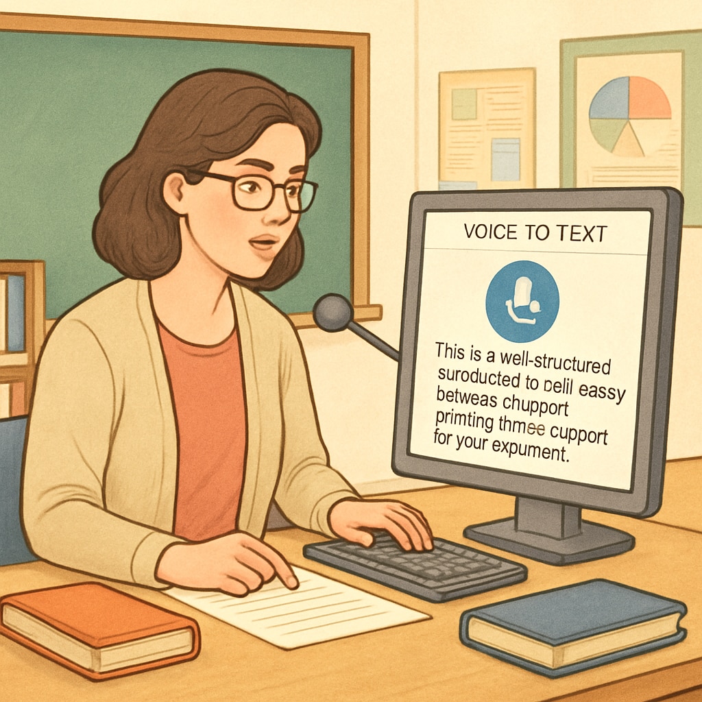 A teacher using a voice-to-text tool like WillowVoice to provide detailed feedback on a student’s digital assignment. A teacher providing feedback using voice-to-text technology like WillowVoice.