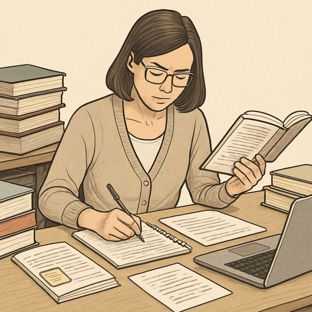A detailed image of a teacher studying for an exam with books, notes, and a laptop. A teacher preparing for the OAE exam with study materials and resources.