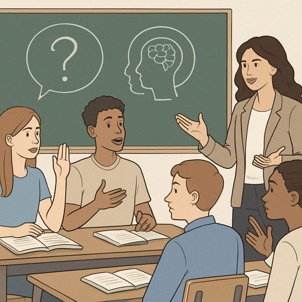 A classroom setting showing students engaging in a discussion about philosophical questions or psychological concepts. Students discussing philosophy and psychology topics in a classroom environment.
