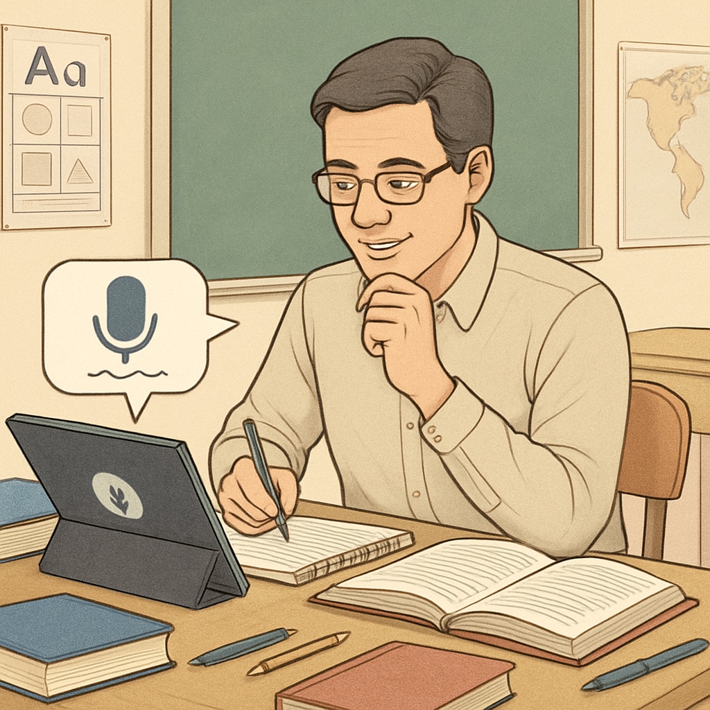 A teacher brainstorming lesson plans with the help of a voice-to-text app, capturing ideas quickly on their tablet. A teacher using a voice-to-text app for lesson planning.