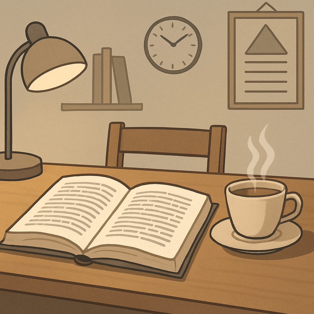 A calm and serene study environment with a cup of tea, open books, and soft lighting. A relaxing environment to manage OAE exam anxiety and study effectively.