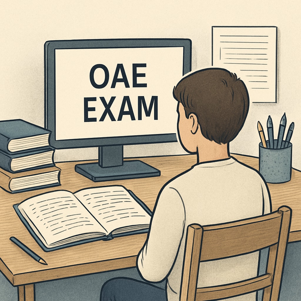 A student reviewing OAE exam materials on a computer, symbolizing preparation and focus. Student studying OAE exam materials on a computer to prepare for teacher licensure.