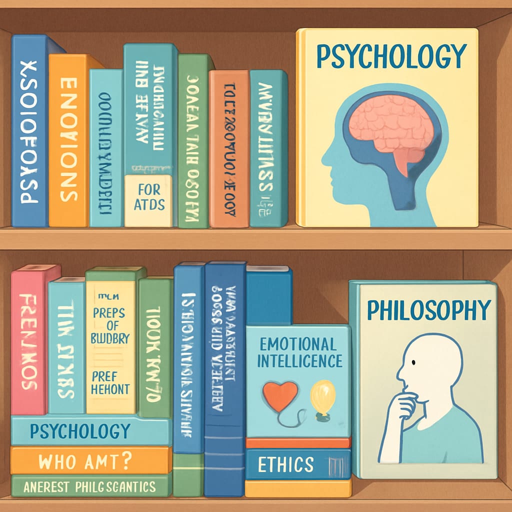 A bookshelf filled with psychology and philosophy books for young learners. A collection of books on psychology and philosophy for K12 students.