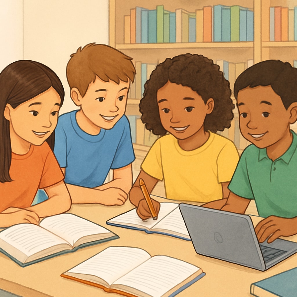 A group of elementary education students studying together, surrounded by books and laptops, fostering collaboration. Group of elementary education students preparing for the OAE exam collaboratively.