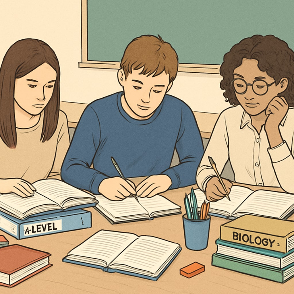 Students studying for their A-level exams, surrounded by textbooks and notebooks. Students preparing for A-level exams with study materials.