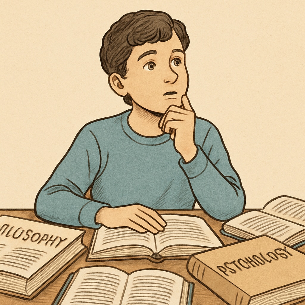 A young student sitting at a desk with philosophy and psychology books open, looking inspired. A student exploring psychology and philosophy self-learning resources.