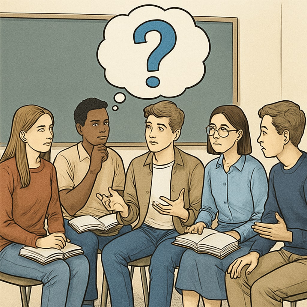 A group of students sitting in a circle discussing a philosophical question, symbolizing engagement and critical thinking. Students discussing a philosophical question in a group setting