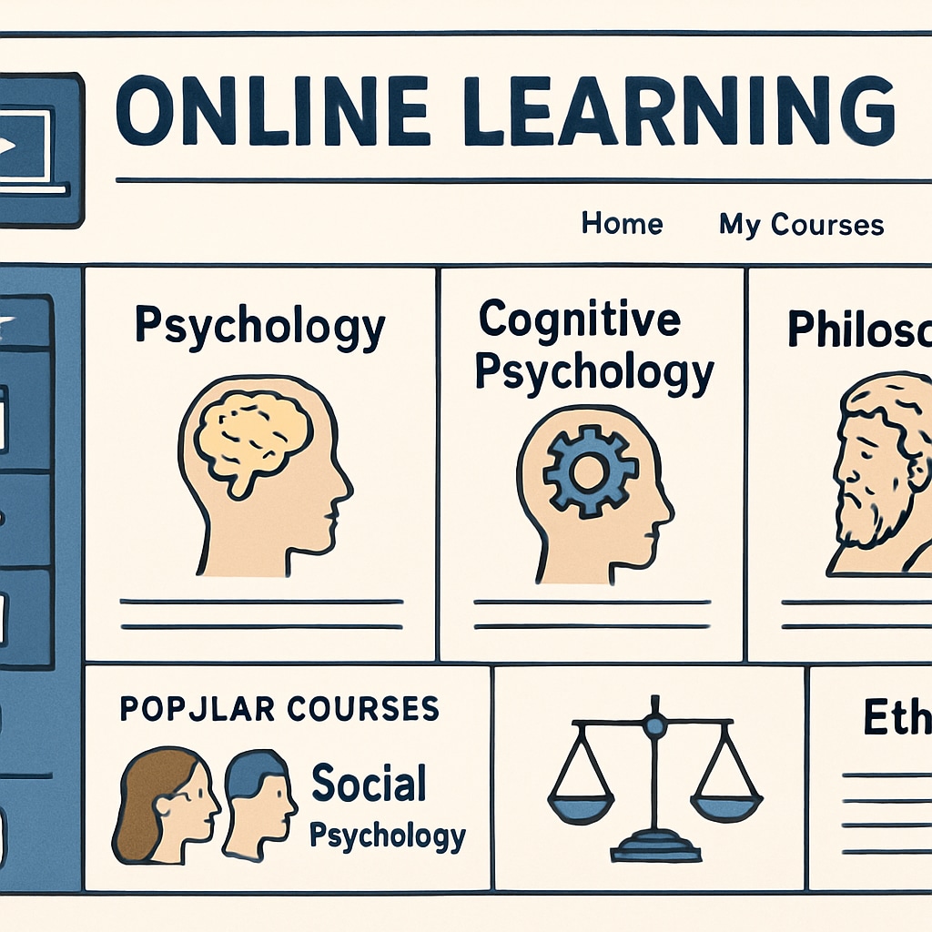 An online learning platform interface showing psychology and philosophy courses. Online platforms offering psychology and philosophy courses for self-learning.