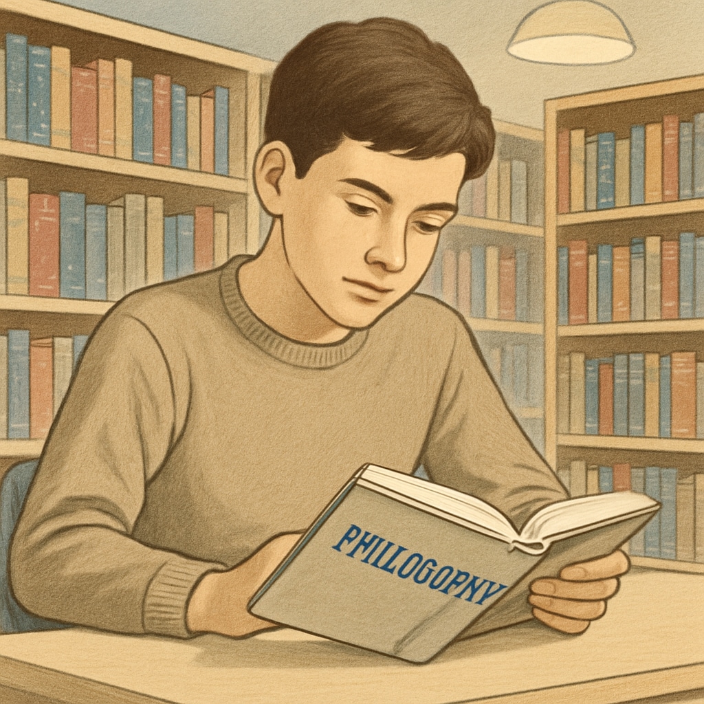 A teenager reading a philosophy book in a quiet library setting, illustrating self-directed learning. Teenager learning philosophy in a library
