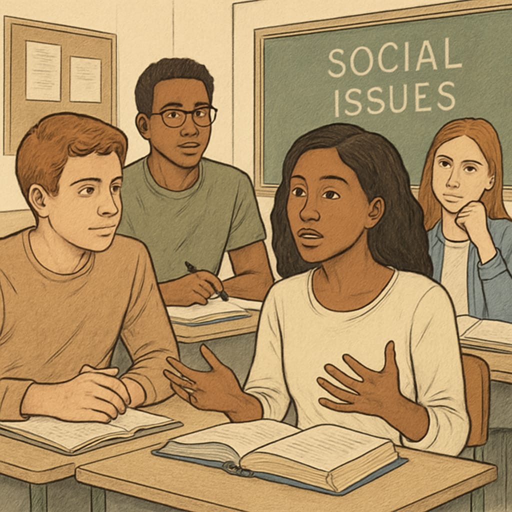 A group of diverse students sitting in a classroom, discussing social issues together. Diverse students discussing social issues in a classroom setting.