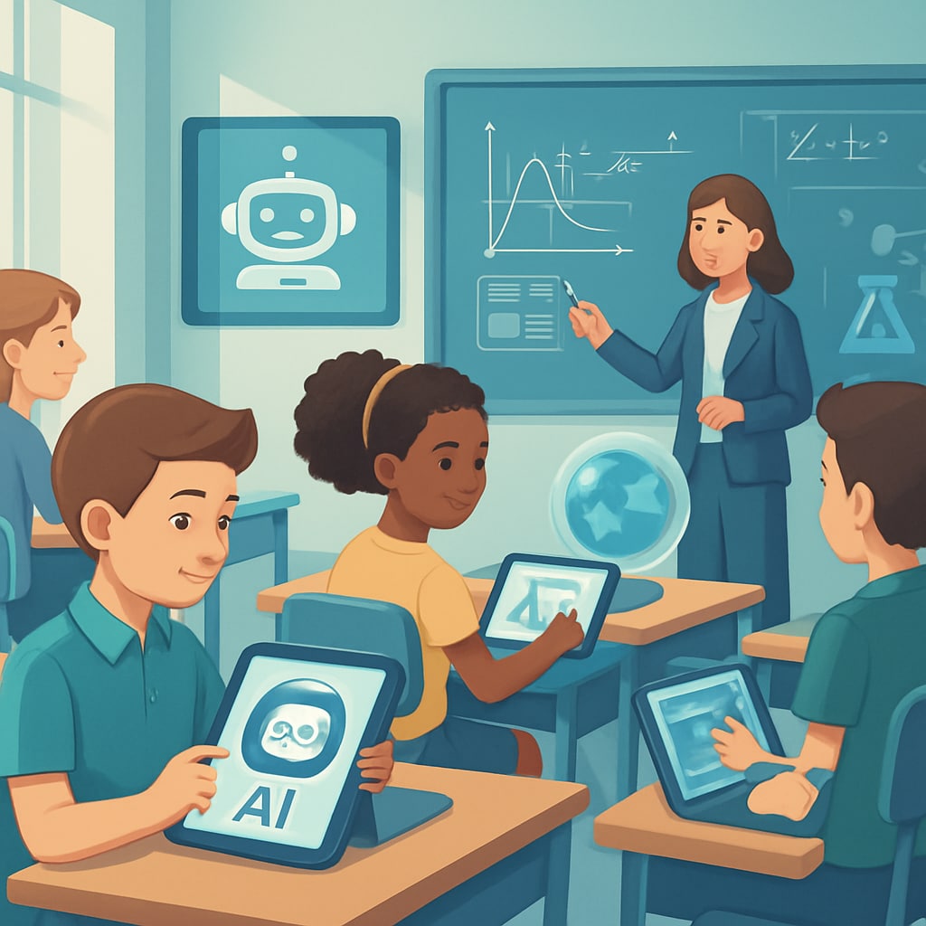 A futuristic classroom setting where students are engaged with AI-powered devices for personalized learning. The image conveys the theme of technology integration in education. AI-powered devices in a modern classroom setting for personalized learning