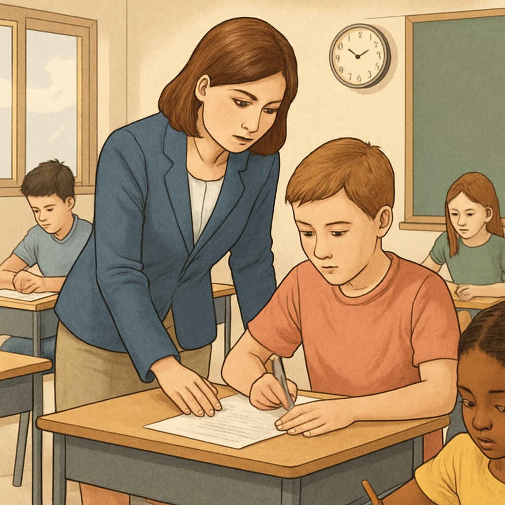A classroom setting where a teacher is reviewing student work to ensure academic fairness. A teacher reviewing student work to promote academic integrity and fairness.