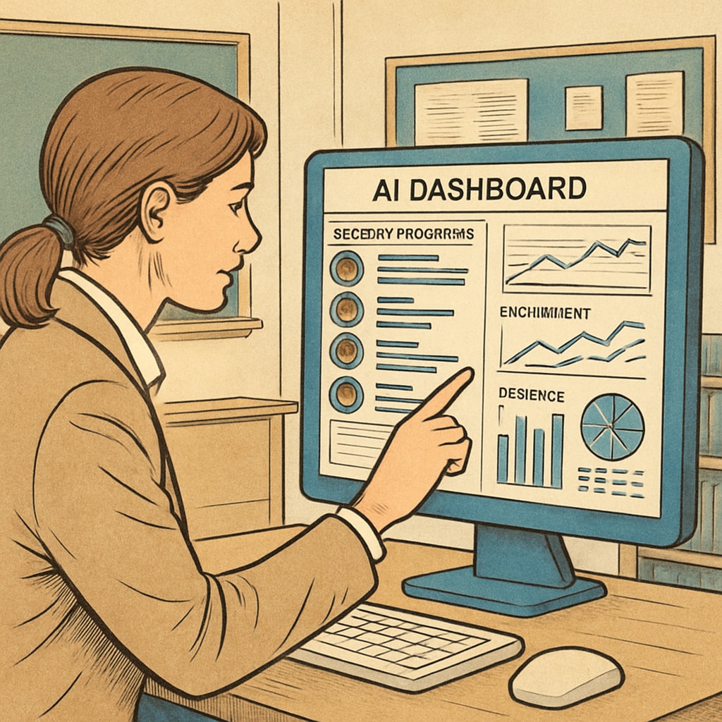 A teacher interacts with an AI dashboard to monitor student progress and engagement. The image highlights the collaborative role of AI in education. Teacher using an AI dashboard for student engagement tracking