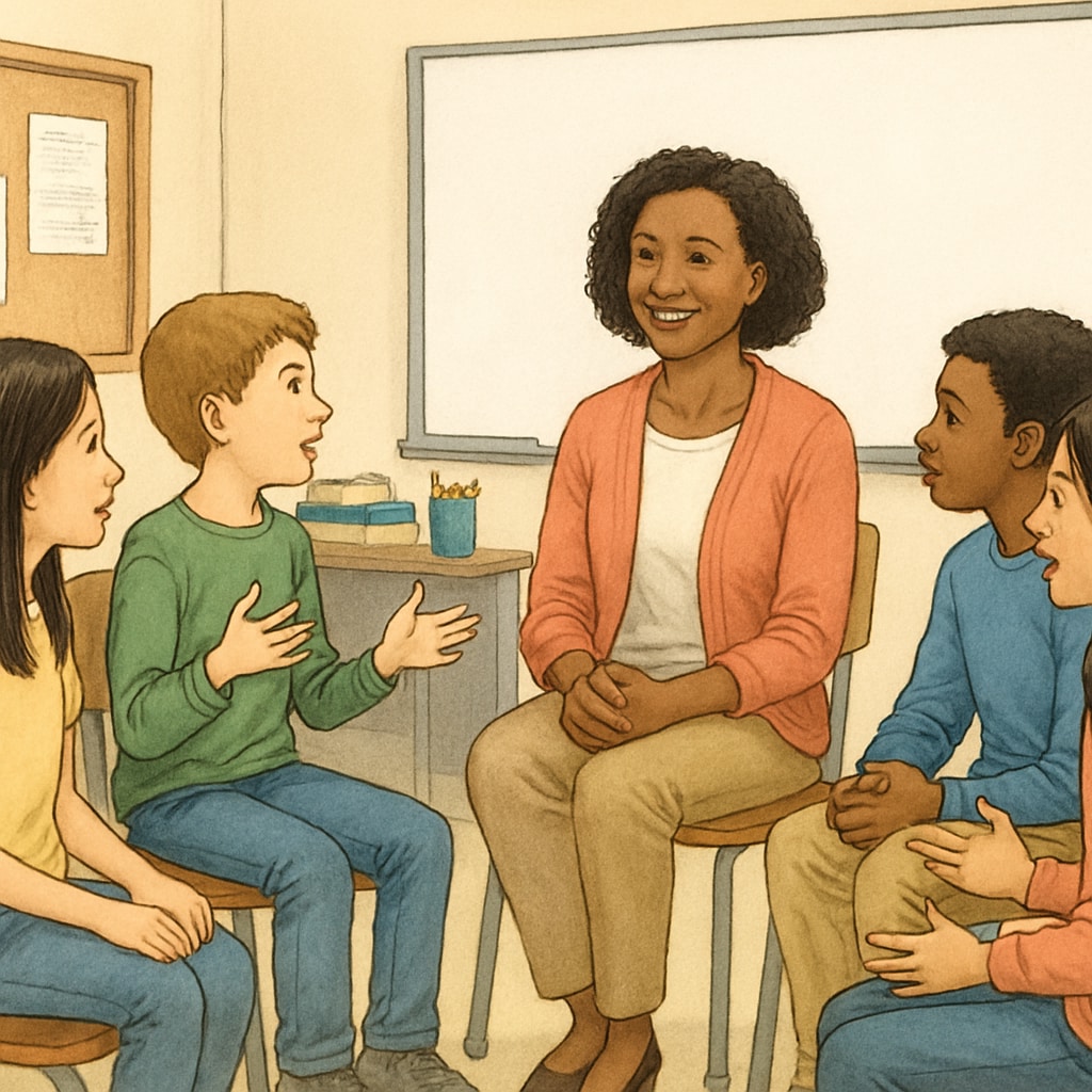 A teacher facilitating a classroom discussion where students of different backgrounds share their views. Teacher-led discussion with diverse students sharing their perspectives.
