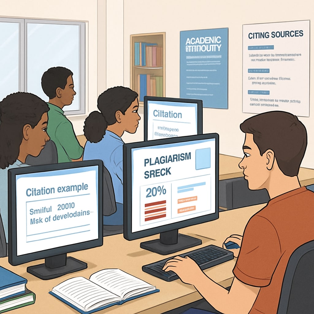 Students in a computer lab learning about plagiarism detection software and proper citation techniques. Students learning about plagiarism detection tools and citation best practices.