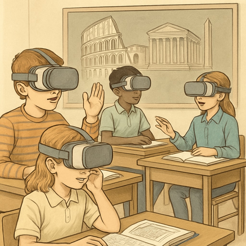 Students wearing VR headsets in a classroom, experiencing an immersive educational activity such as exploring historical landmarks. Students using AI-powered VR headsets to engage in immersive learning activities