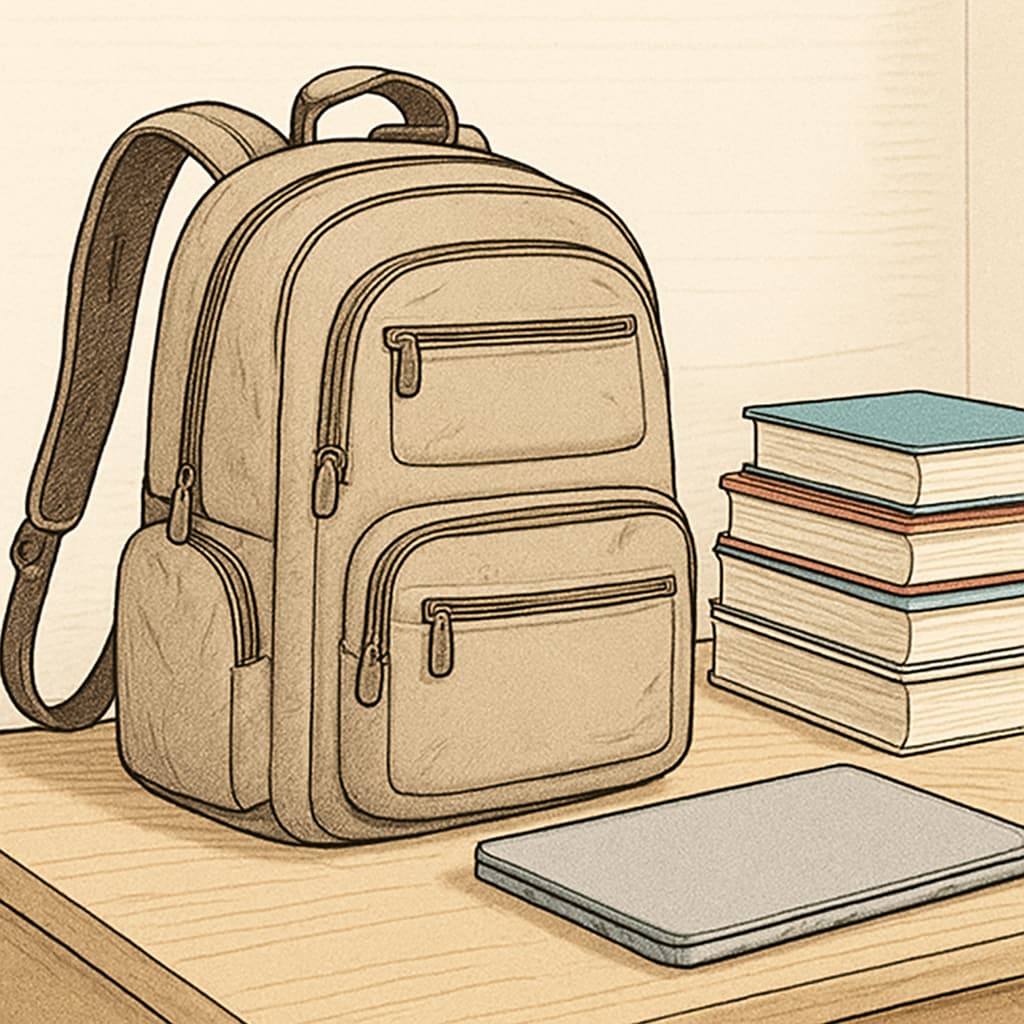 A spacious and affordable college backpack with ergonomic straps and multiple compartments, placed on a desk with books and a laptop. Affordable college backpack with ample space and ergonomic straps.