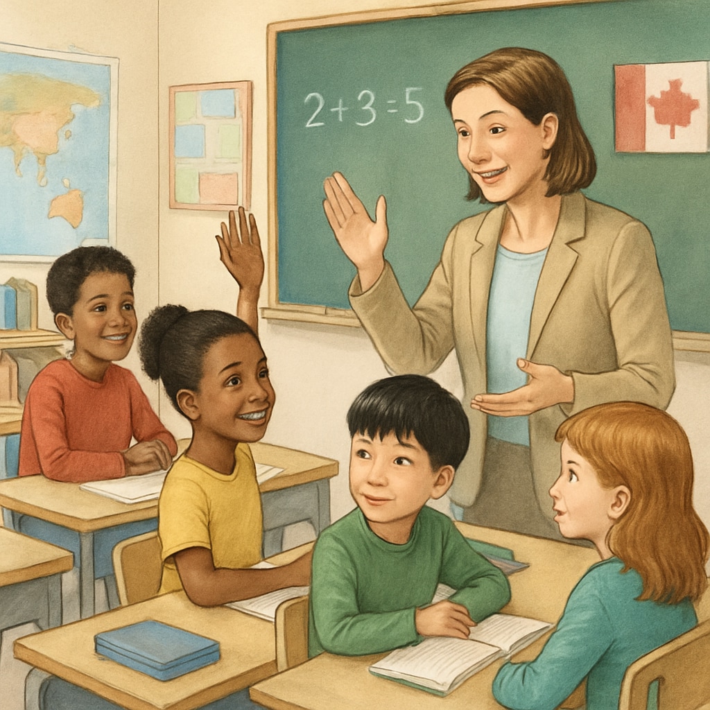A teacher engaging with diverse students in a Canadian classroom setting. Teacher in a Canadian classroom interacting with diverse students.