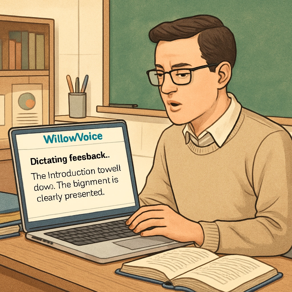 A teacher using WillowVoice technology to dictate feedback into a laptop, illustrating the ease of integrating speech-to-text tools into daily workflows. Teacher using WillowVoice speech-to-text technology for feedback