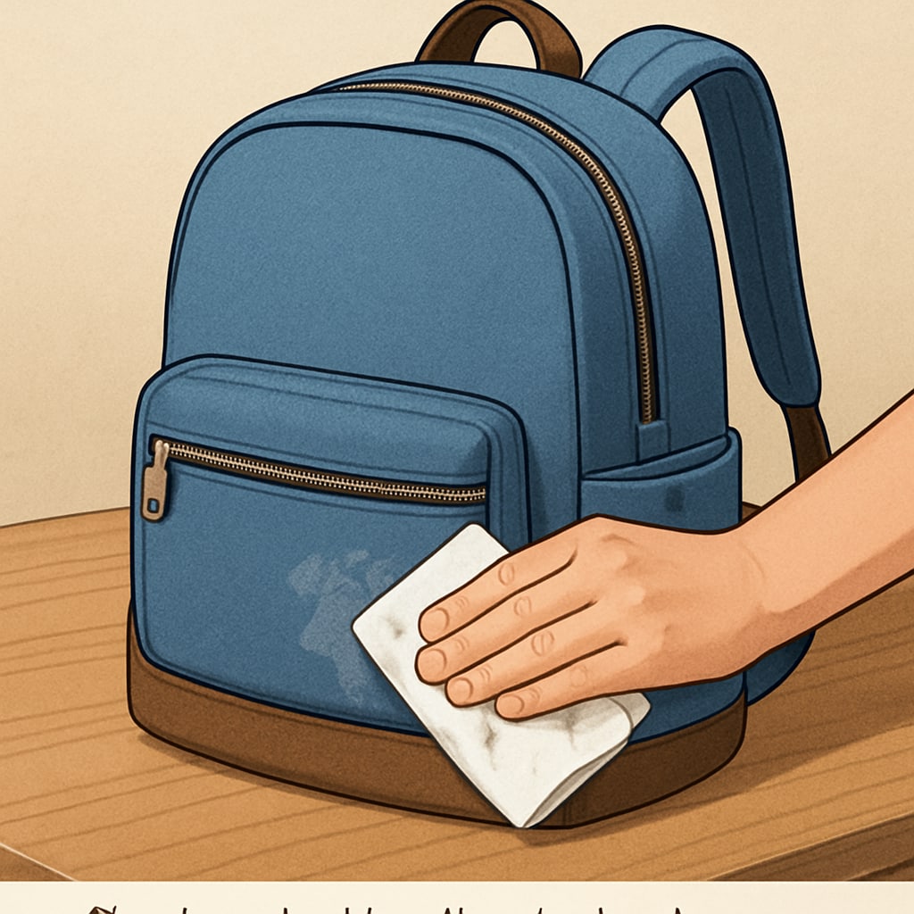 A close-up of a durable college backpack being cleaned with a damp cloth on a wooden table. Cleaning a durable college backpack to maintain longevity.