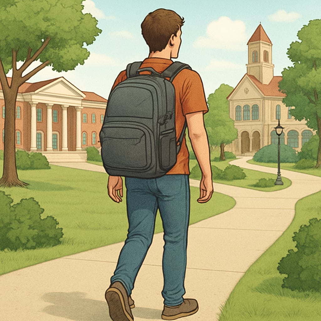 A college student carrying a durable backpack with spacious compartments, walking through a campus environment. A spacious and durable backpack suitable for college students.