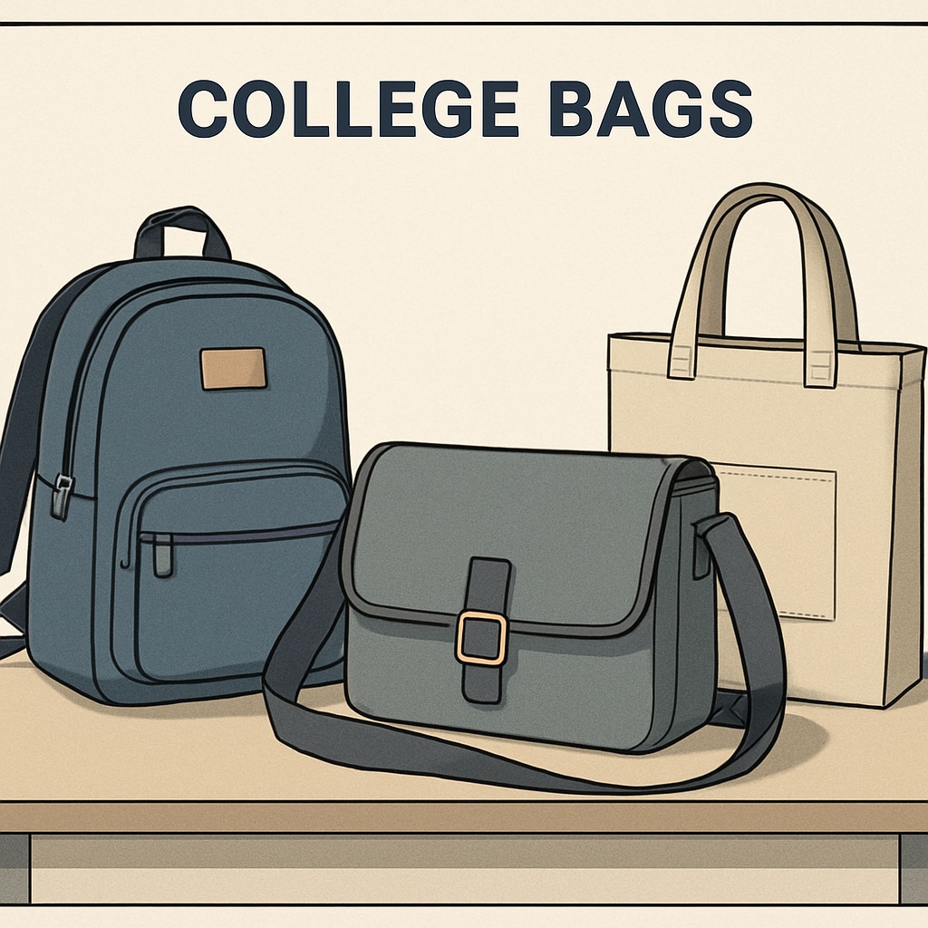 An assortment of college bags, including a backpack, messenger bag, and tote bag, displayed on a table with a clean and organized layout. Different types of college bags—backpack, messenger bag, and tote bag.
