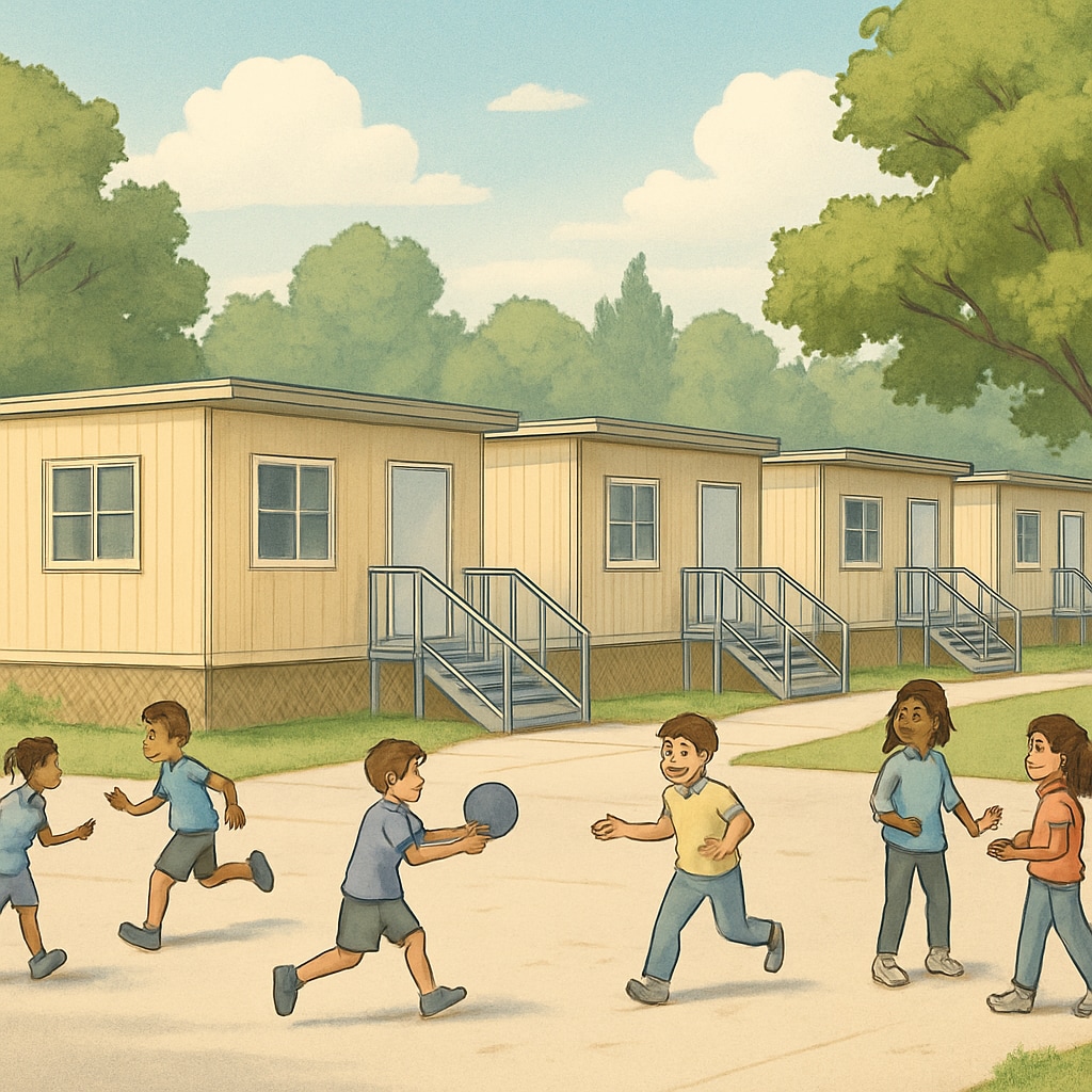 Temporary classrooms at a high school campus during school relocation