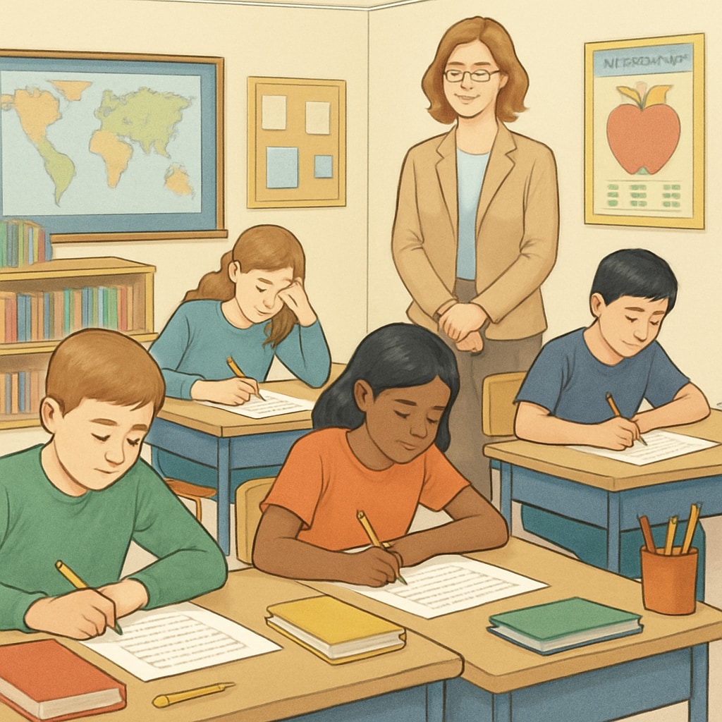 A classroom of students taking a standardized test, symbolizing traditional education practices. Students in a classroom taking a standardized test, representing traditional competitive exams.