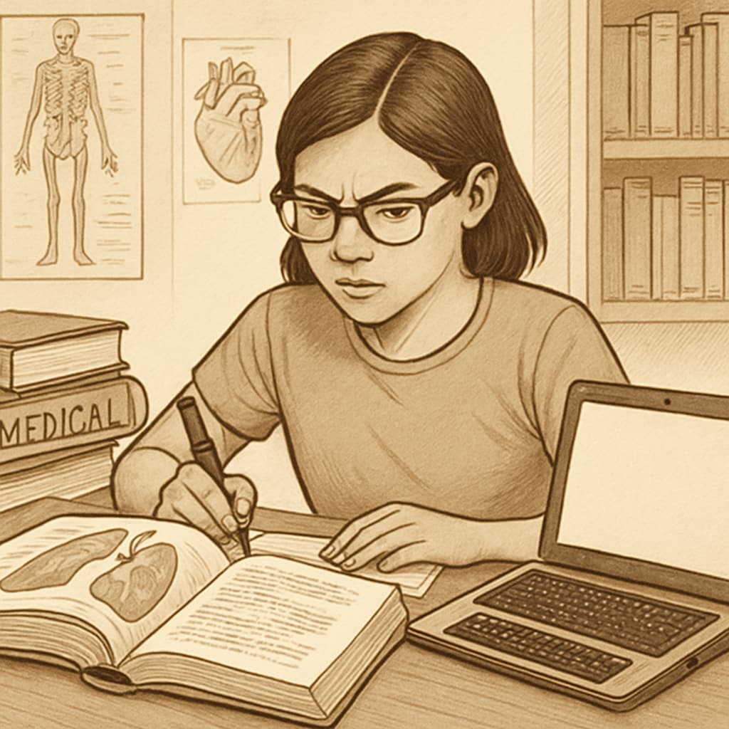 A determined student studying with medical books and assistive technology, symbolizing their efforts to overcome learning challenges. A student with learning difficulties using assistive tools to study medical topics.