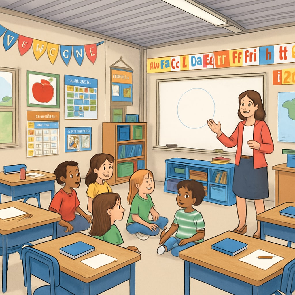 Interior of a temporary classroom with children engaged in learning