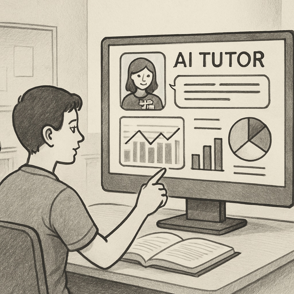 An AI-powered tutoring system analyzing a student's learning patterns, illustrating the integration of technology in modern education. AI tutoring system analyzing student data, showing the role of AI in education reform.