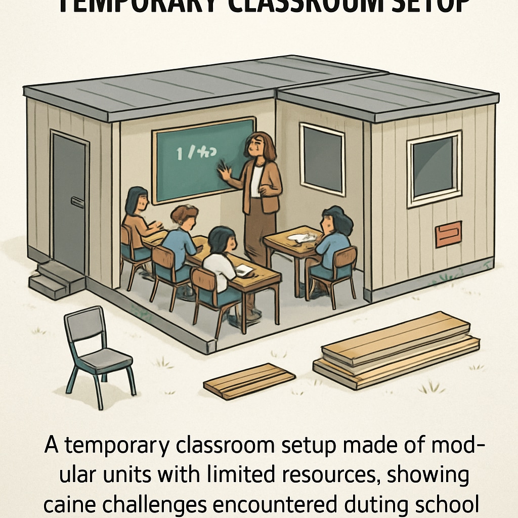A temporary classroom setup with modular units and limited resources, illustrating the challenges faced during school renovations. Temporary classroom with modular units and reduced facilities during school renovations.