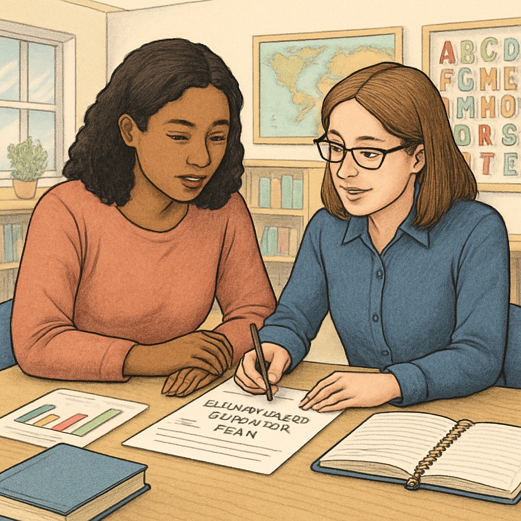 A parent and teacher working together on an Individualized Education Plan (IEP) to support a student with special needs. Collaboration for learning support: Parent and teacher discussing an IEP.