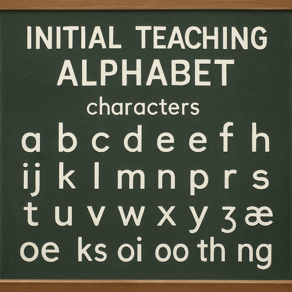 A vintage blackboard showcasing examples of Initial Teaching Alphabet characters used in classrooms during the 1970s. Blackboard with Initial Teaching Alphabet examples, illustrating phonetic spellings.