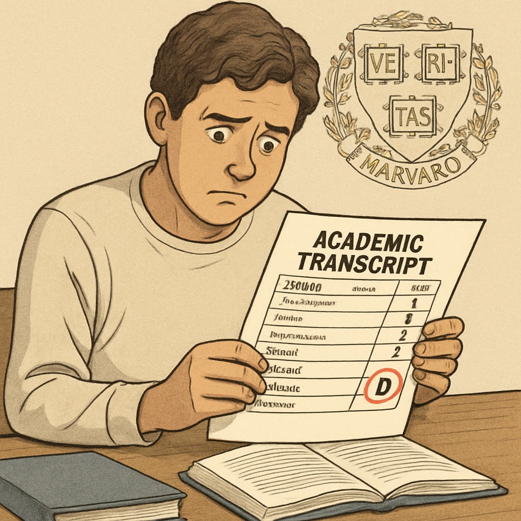 A student reviewing their academic transcript, worried about a low grade, with Harvard's logo in the background. A student concerned about their academic transcript with Harvard's logo in the background.