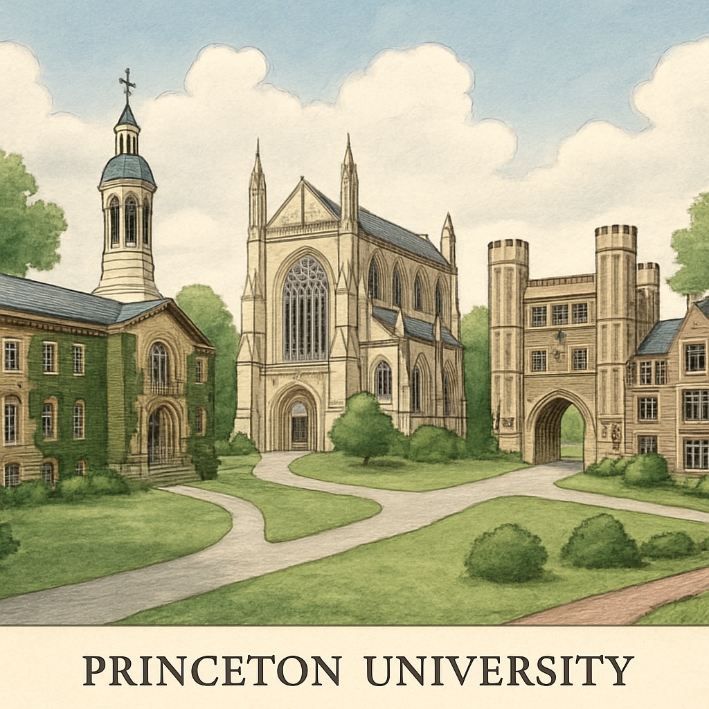 A photo of Princeton University campus, showcasing its iconic architecture and historic buildings. Princeton University campus with iconic architecture, related to Ivy League reputation.