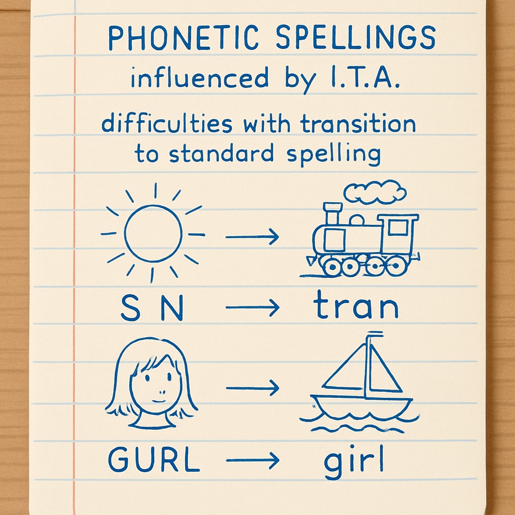 A student notebook showing examples of phonetic spellings influenced by the Initial Teaching Alphabet, highlighting the struggle to transition to standard spelling. Notebook with phonetic spellings from Initial Teaching Alphabet, showing spelling challenges.