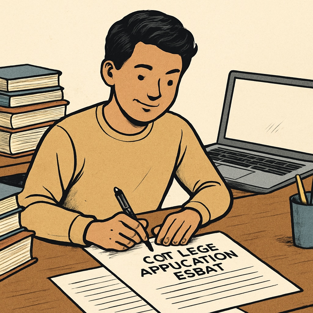 A student confidently writing their college application essay, surrounded by books and a laptop. A student writing their college application essay to offset academic challenges.