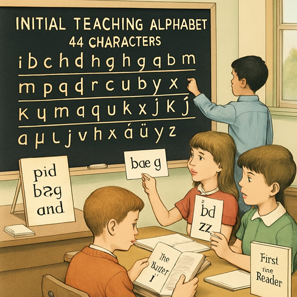 A vintage classroom with children using Initial Teaching Alphabet materials, showcasing the unique 44-character system. Children in a 1970s classroom learning from Initial Teaching Alphabet charts and books.