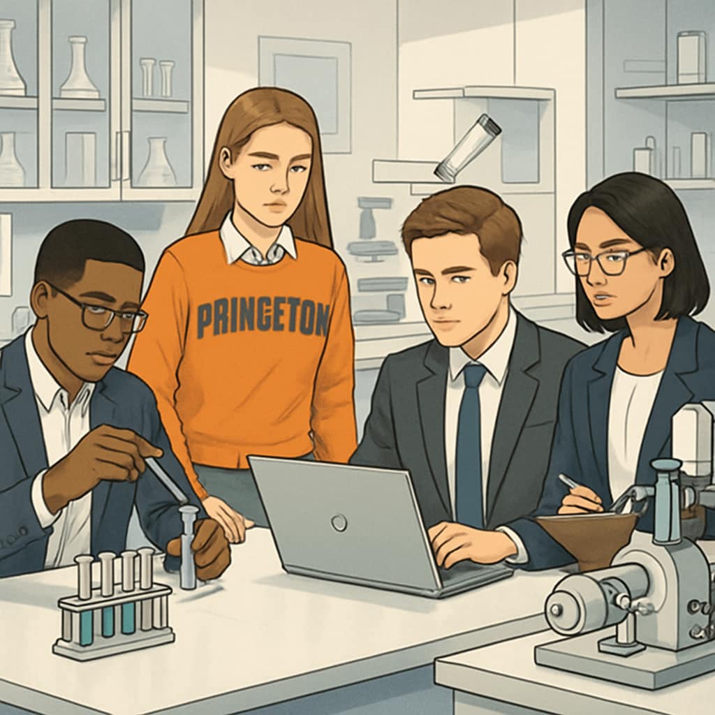 An image of Princeton students engaging in a collaborative research project in a modern laboratory setting. Princeton students working on a research project, highlighting educational value debates.