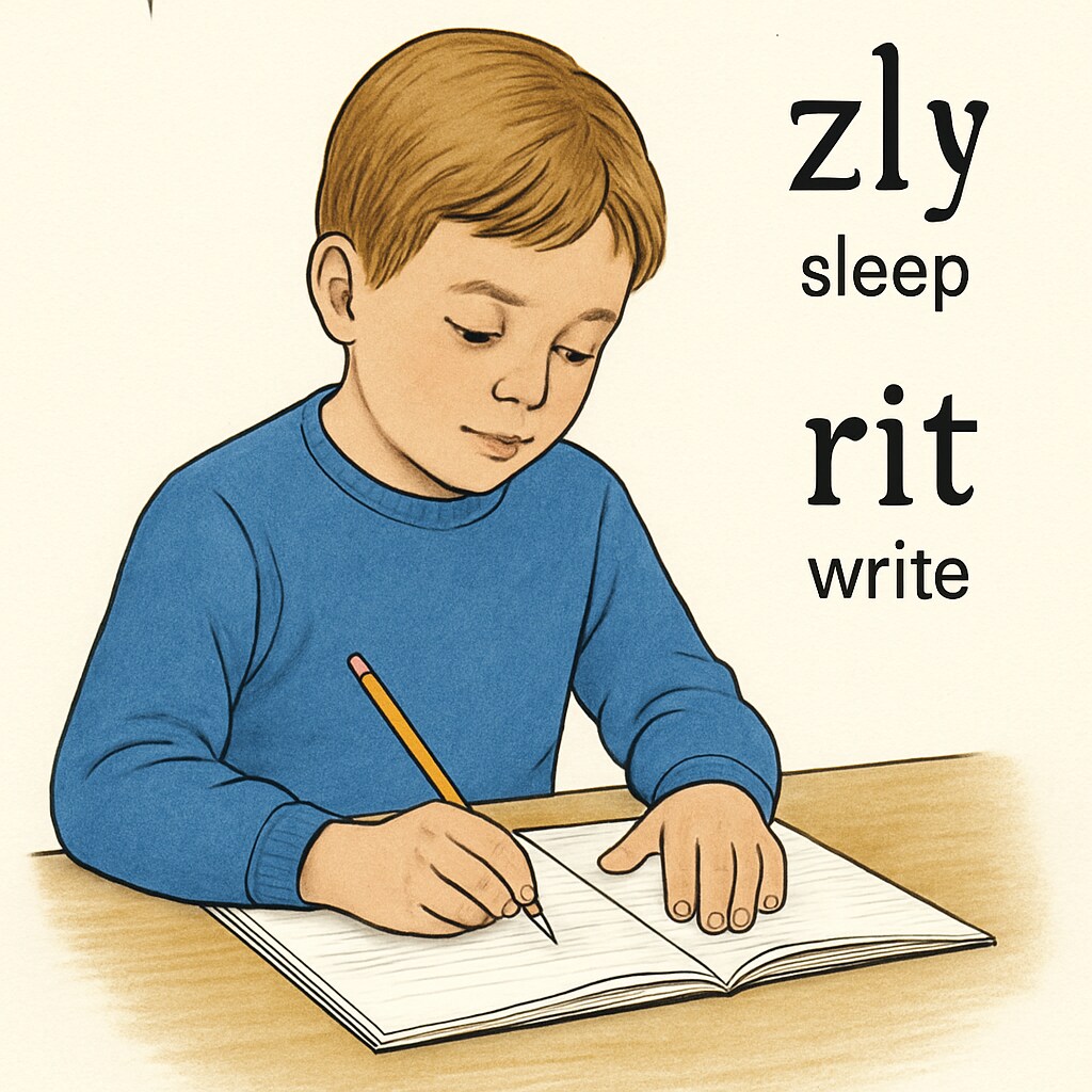 A close-up of a child writing with ITA characters, highlighting the differences in phonetic representation. A child practicing writing using the Initial Teaching Alphabet, showing the unique phonetic symbols.