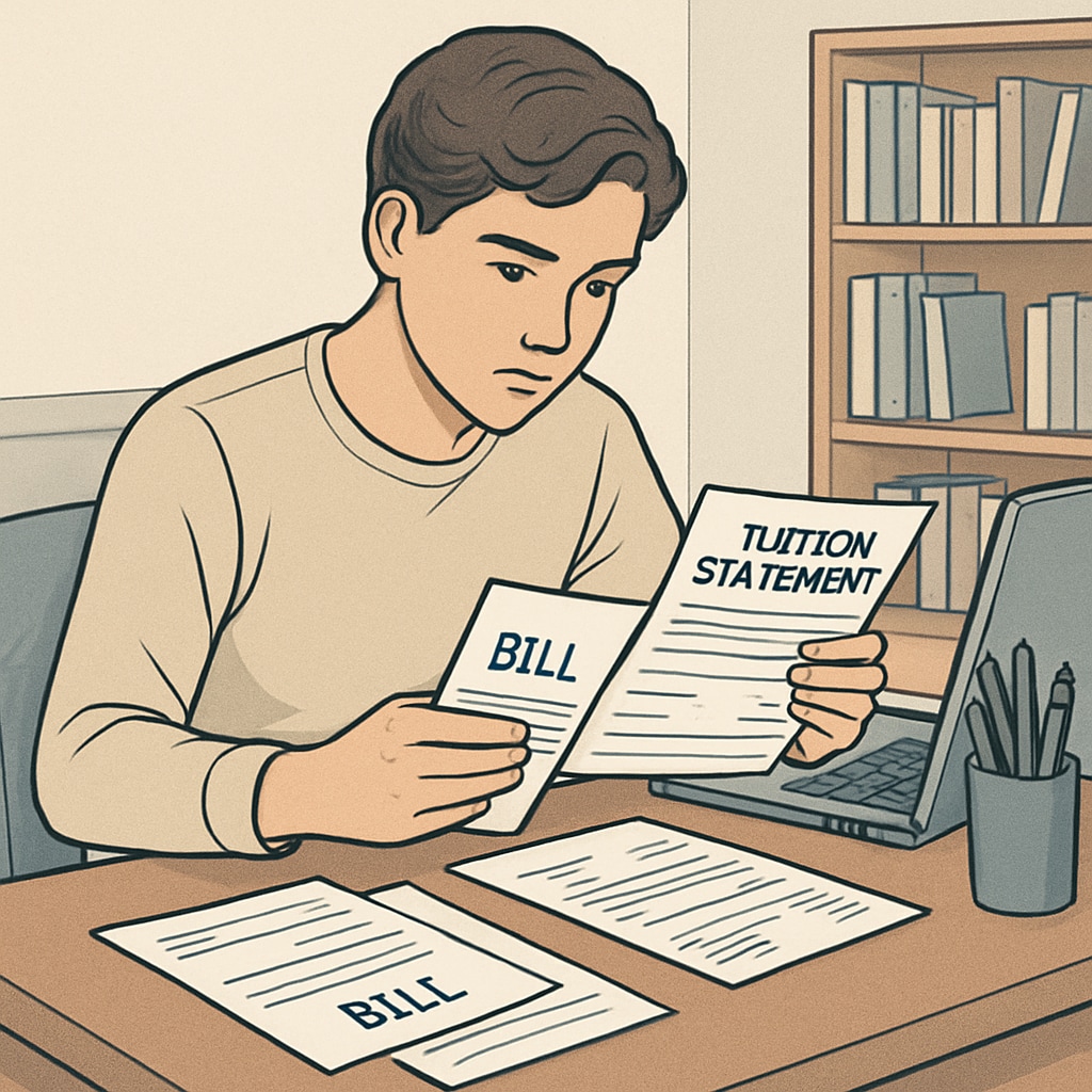 A college student sitting at a desk, looking at bills and tuition statements with a laptop open, representing financial struggles. College student looking at tuition bills with a laptop, showing financial challenges.