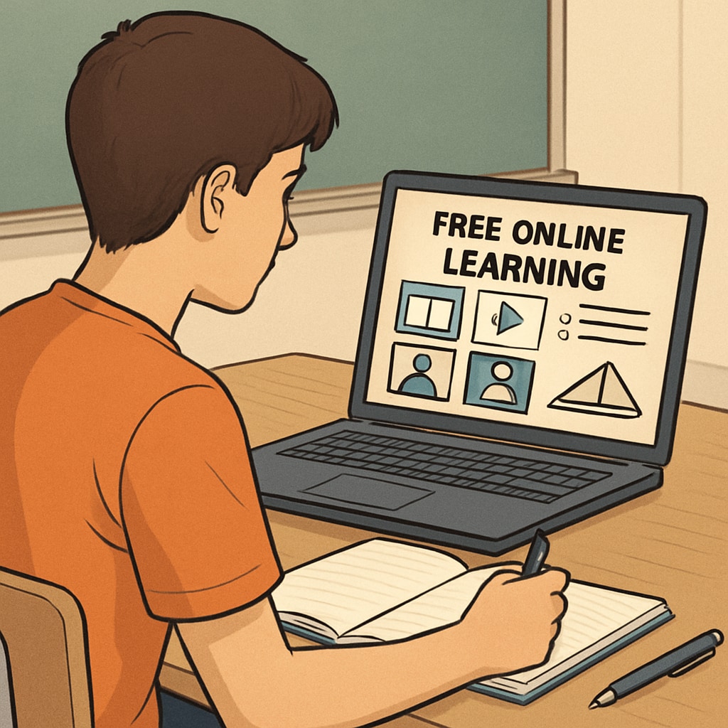 A high school student using a laptop to access free online learning resources such as Khan Academy. The screen displays an educational platform interface. High school student accessing free extracurricular learning resources