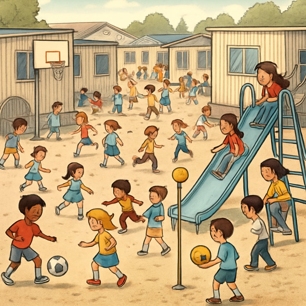 Temporary schoolyard with limited playground facilities affecting children’s experience.