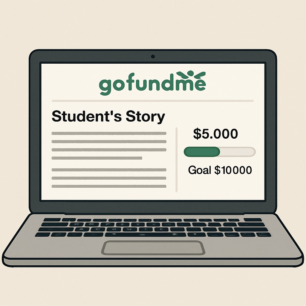 A GoFundMe campaign page on a laptop screen, showing a student’s story and fundraising progress bar. GoFundMe campaign page for a student raising funds for medical school.
