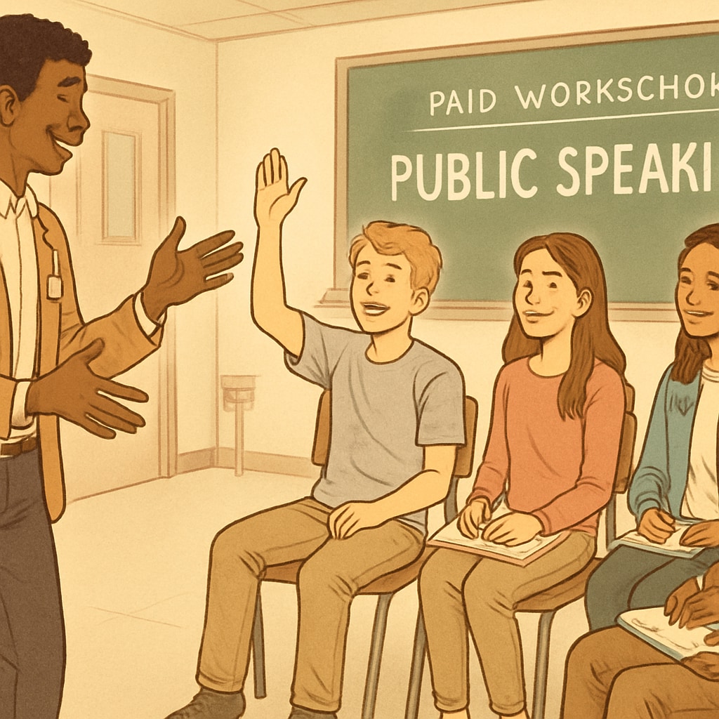 A group of high school students attending a paid workshop on public speaking, sitting in a classroom setting. A teacher is guiding them through interactive activities. High school students participating in paid education workshop