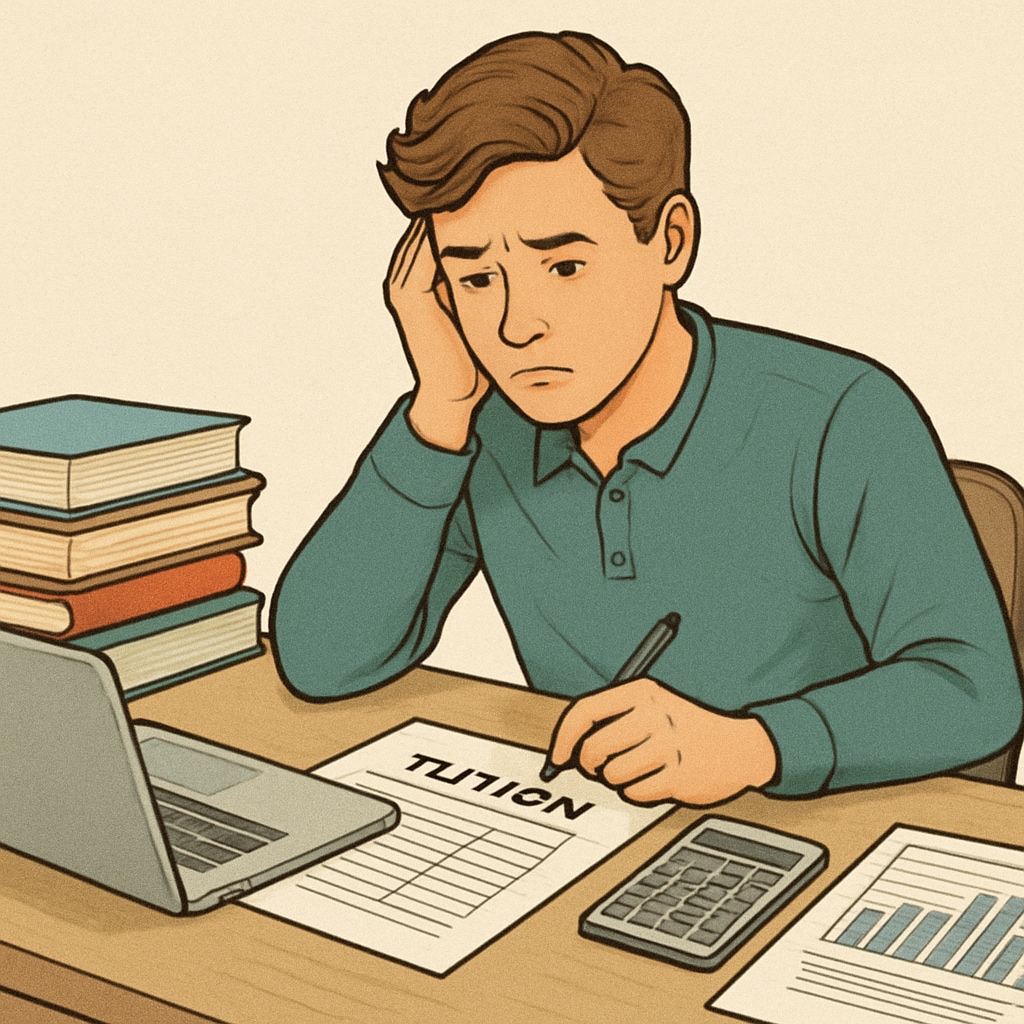 A college student sitting at a desk, surrounded by textbooks, a laptop, and financial documents, emphasizing the challenges of managing tuition costs. College student reviewing financial documents for tuition payments.